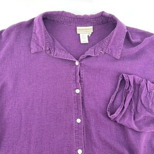 Coldwater Creek Purple Linen Rayon Button Up Shirt Top XL 3/4 Roll Button Sleeve
